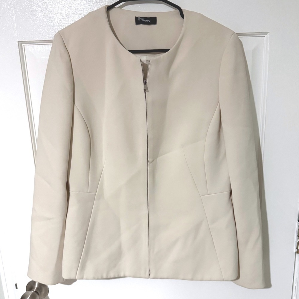 Theory Sculpture Jacket Cream Beige Collarless Zip Front Blazer Size 10